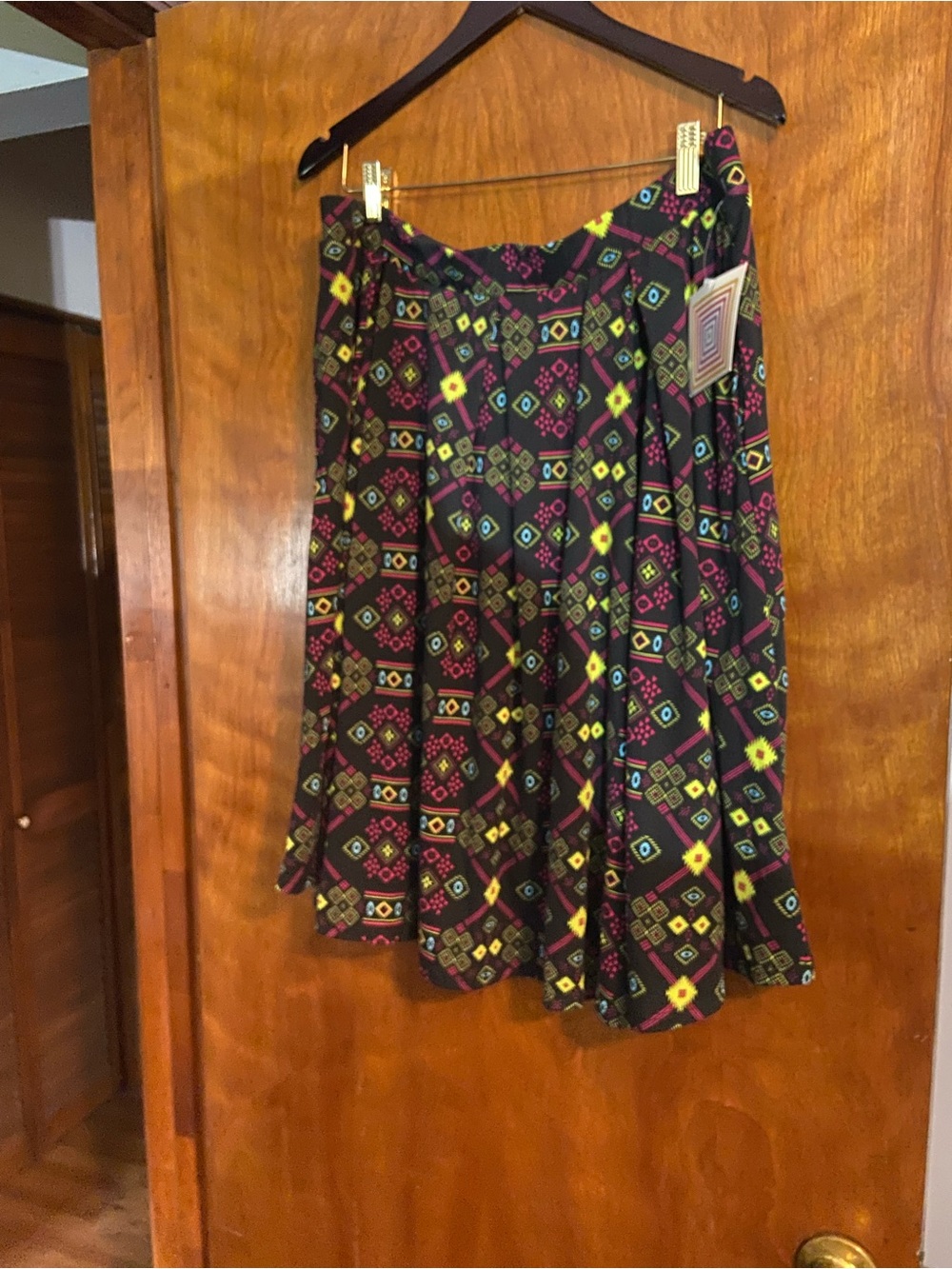 LuLaRoe Black Skirt with Pink, Lime & Teal Geometric Accents
